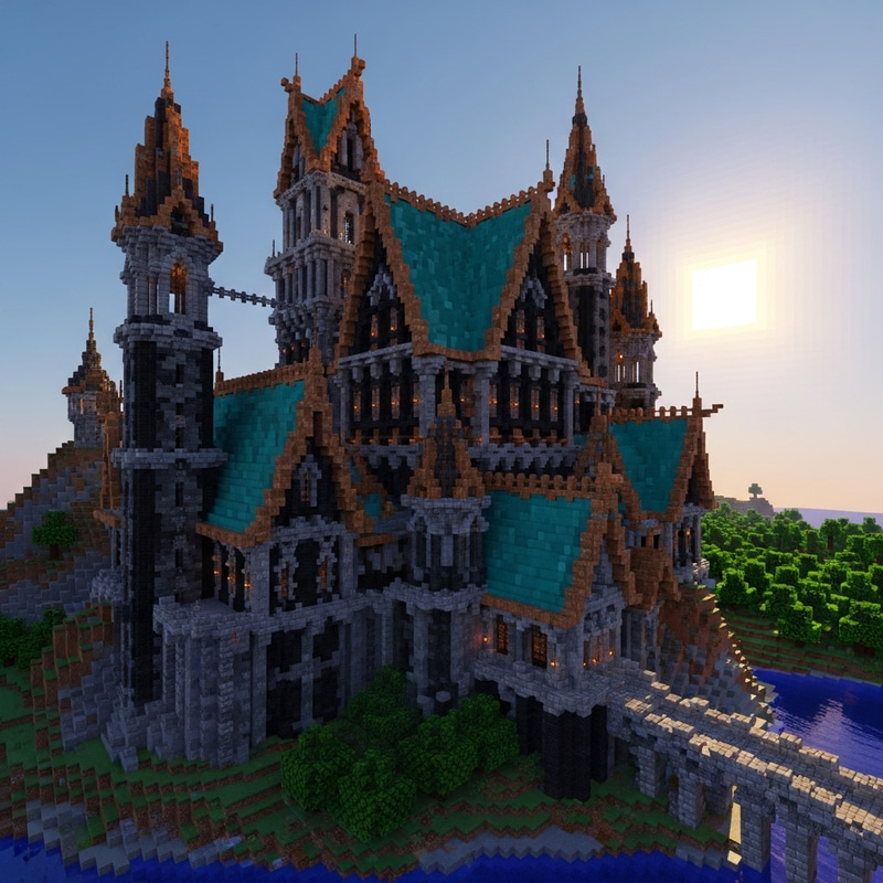 High Definition Gothic Medieval Modern Castle with Oxidized Copper Roofing in Minecraft