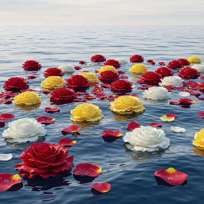 8K Highly-Detailed Image of Red, Yellow, and White Roses with Hues Floating in Calm Blue Sea 8K Highly-Detailed Image of Red, Yellow, and White Roses with Hues Floating in Calm Blue Sea
