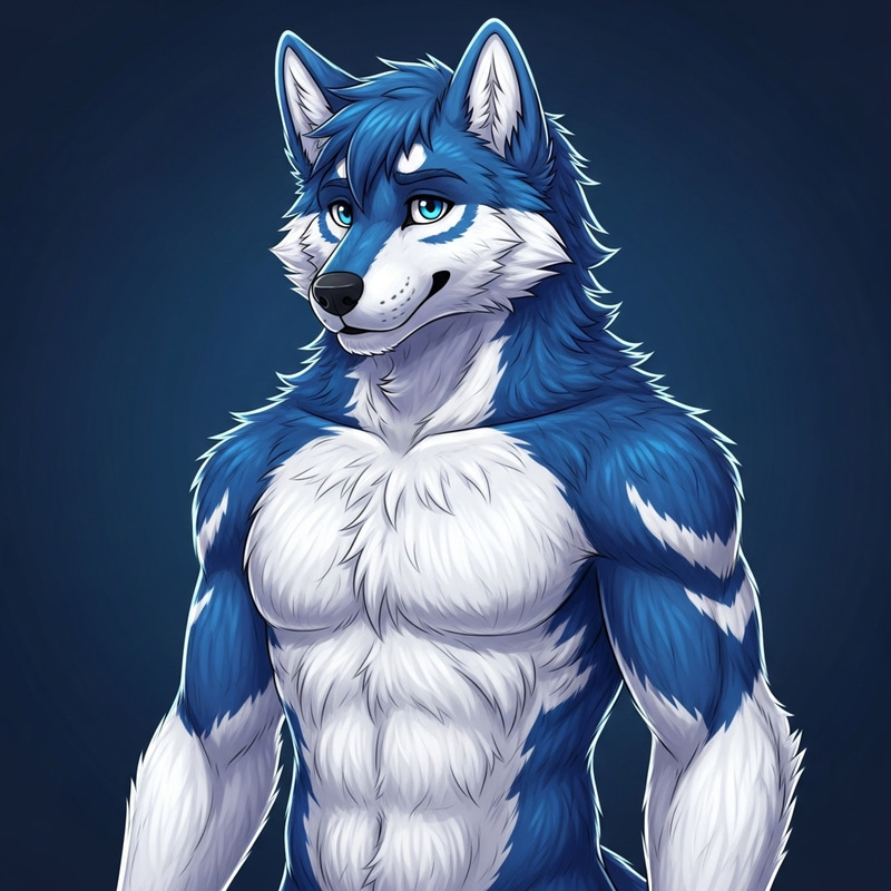 Blue and White Wolf-Like Humanoid Creature with Striking Fur