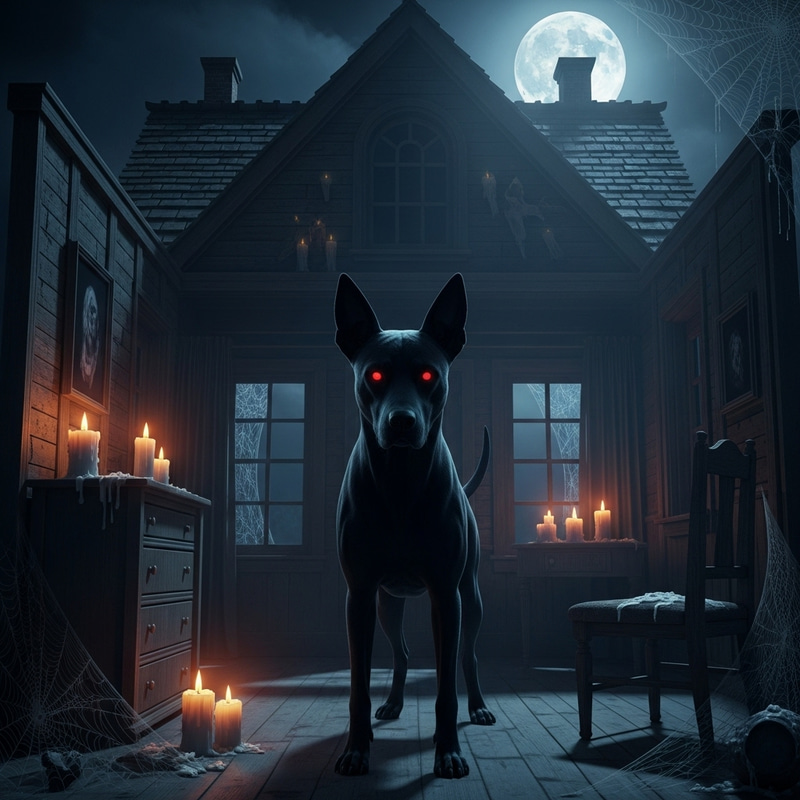 Spooky Black Dog with Red Eyes in Haunted House Spooky Black Dog with Red Eyes in Haunted House