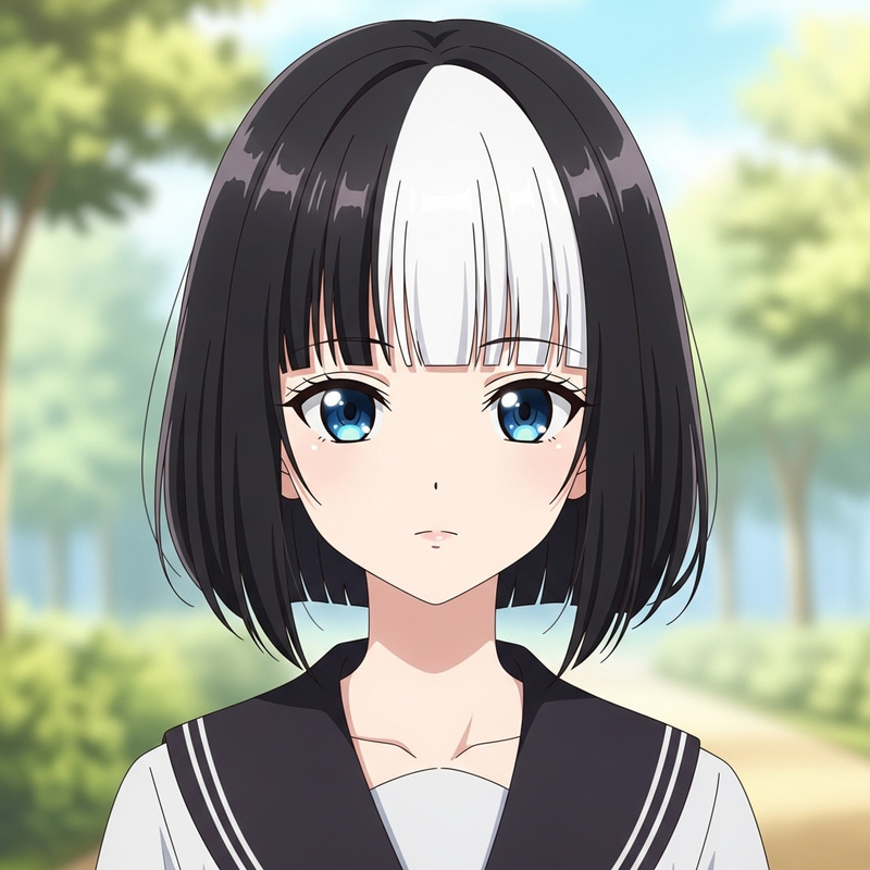 Anime Girl with Unique Black Bob Hair and White Fringe