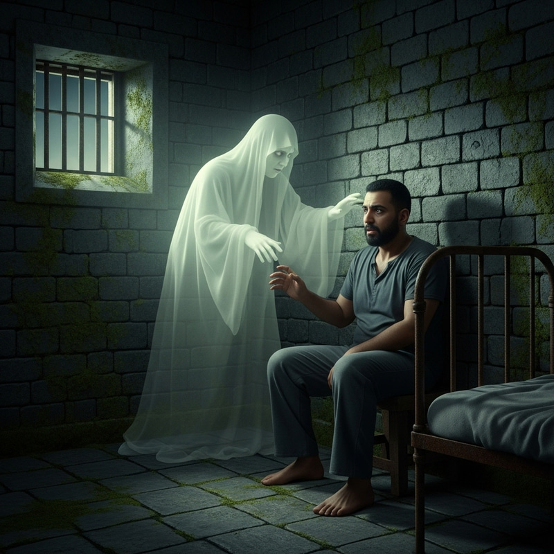 Ethereal Ghost Visits Middle-Eastern Prisoner at Night - Haunting Encounter Ethereal Ghost Visits Middle-Eastern Prisoner at Night - Haunting Encounter