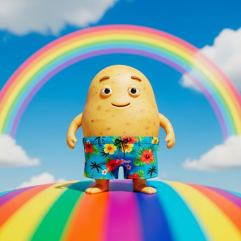 Potato in Bermuda Shorts on Rainbow - Colorful Scene