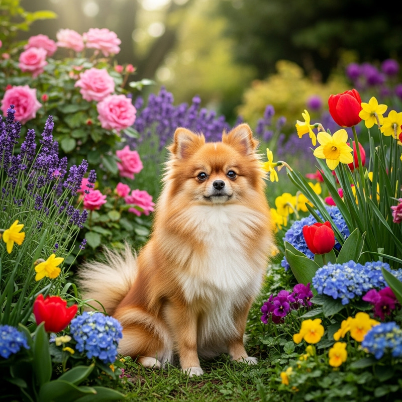 Fluffy Pomeranian Dog in Colorful Flowers Fluffy Pomeranian Dog in Colorful Flowers