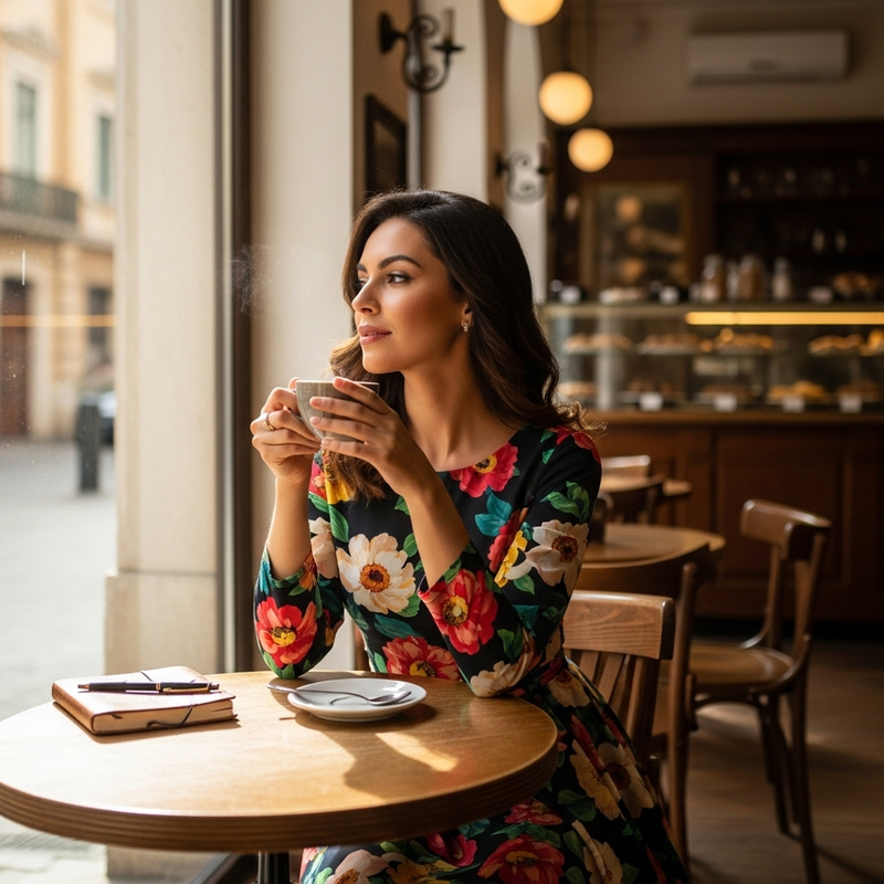 Elegant Hispanic Woman Enjoys Coffee in Cozy Café Setting