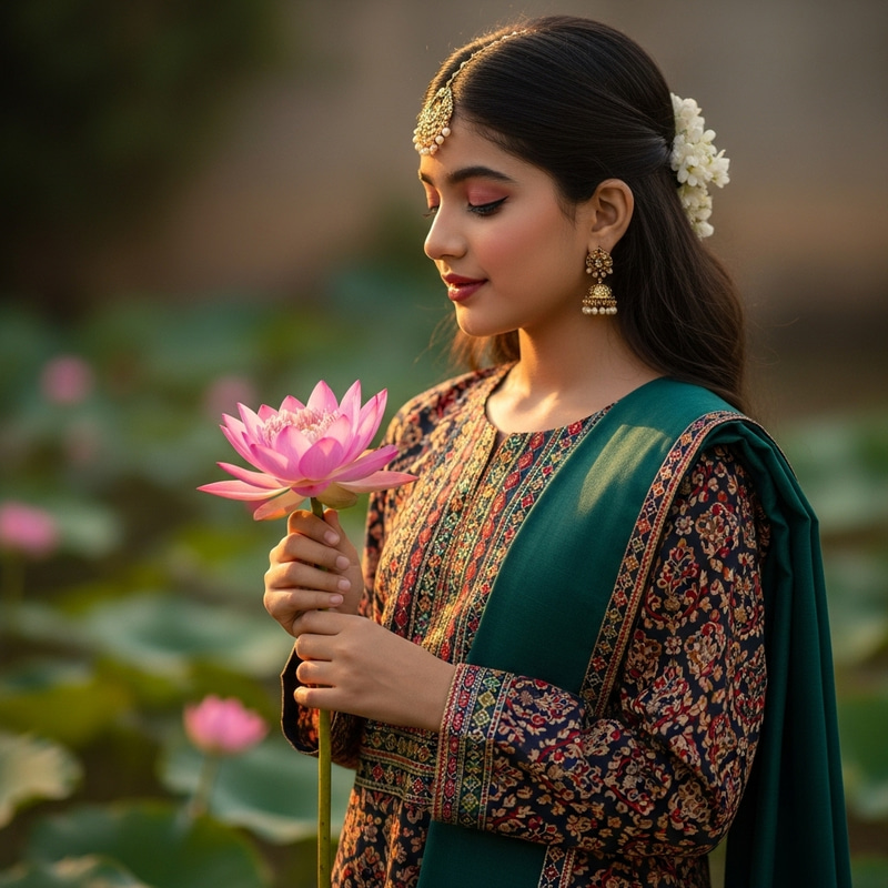 Young Indian Girl in Traditional Attire with Lotus Flower
