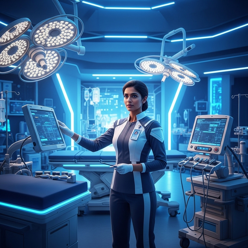 Futuristic South Asian Female Health Worker | Advanced Medical Tech