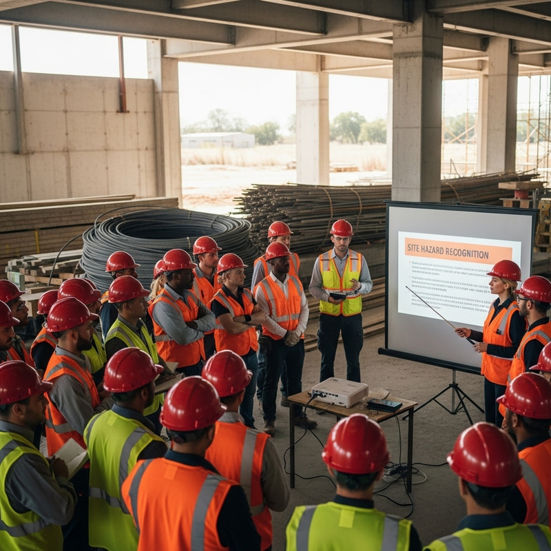 36 Construction Workers Learning Session in Red Helmets and Vests 36 Construction Workers Learning Session in Red Helmets and Vests