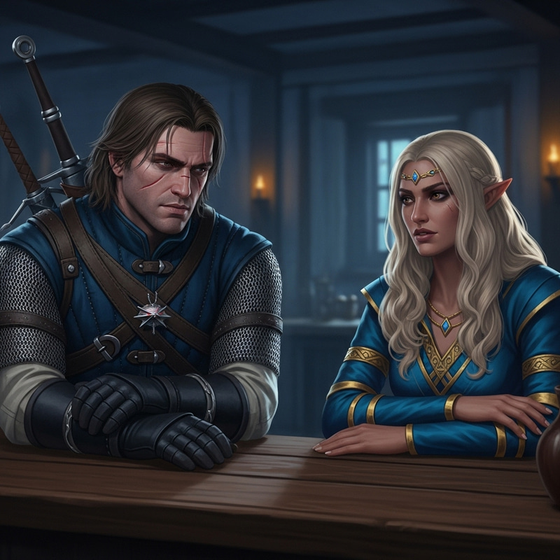 Male Witcher and Elven Sorceress in Tense Tavern Encounter Male Witcher and Elven Sorceress in Tense Tavern Encounter