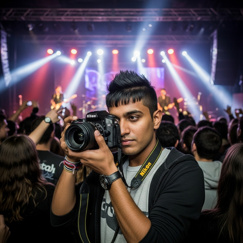 Capturing Rock Concert Energy: South Asian Male with Nikon Camera