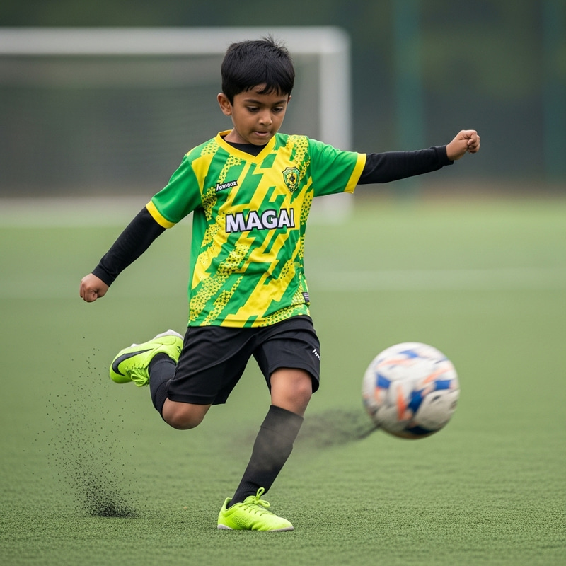 Boys Playing Football in Green and Yellow Magai Sponsor Jersey