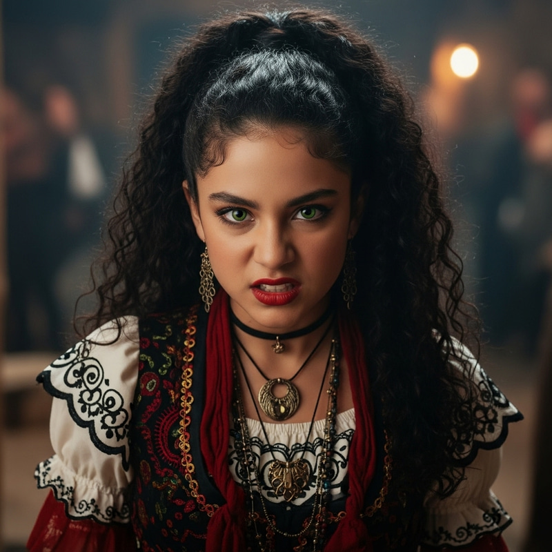 Vibrant Gipsy Girl with Tan Skin, Green Eyes, and Red Lips Vibrant Gipsy Girl with Tan Skin, Green Eyes, and Red Lips