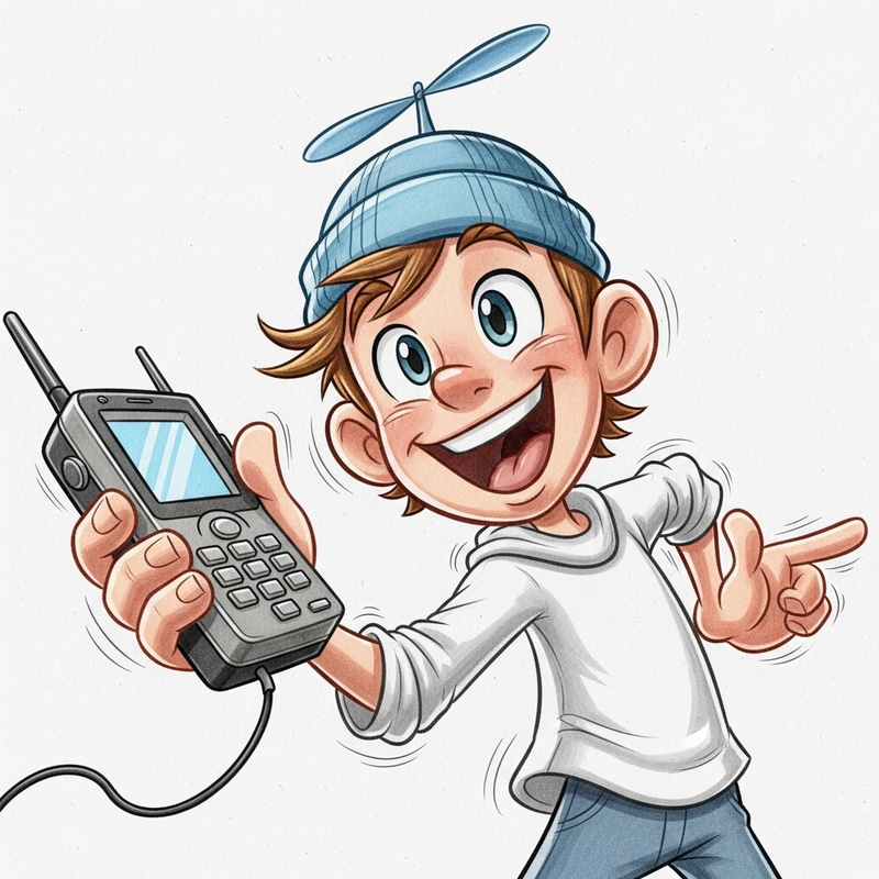 Vintage Cartoon Style Animated Young Male Character with Oversized Propeller Beanie Hat and iPhone