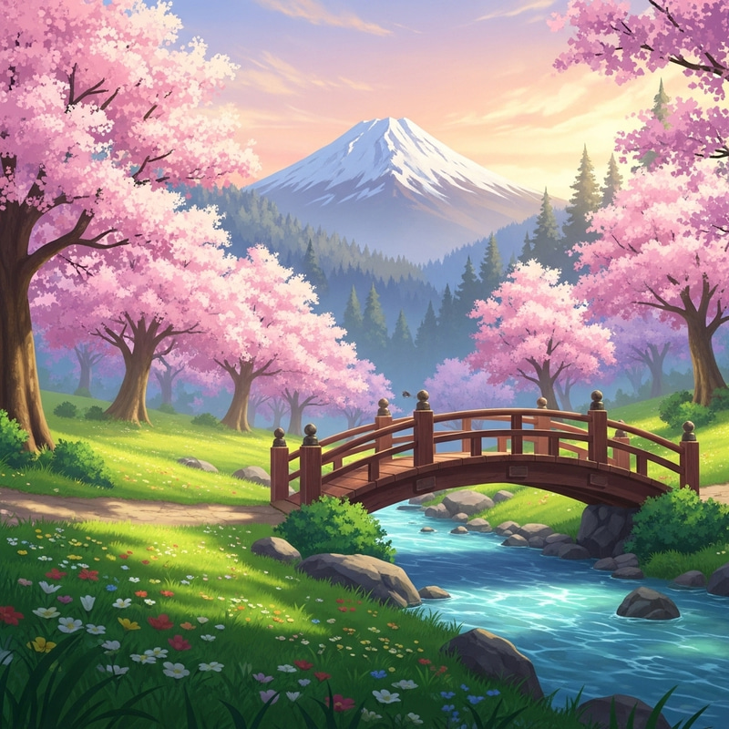 Anime Landscape with Snow-Capped Mountain and Enchanted Forest