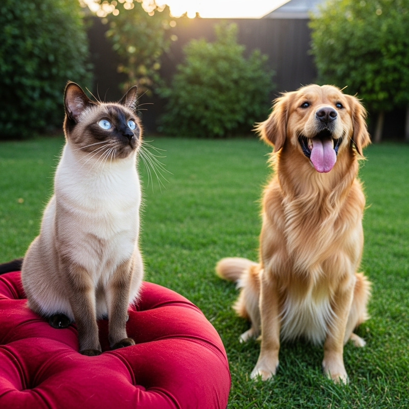 Siamese Cat and Golden Retriever - Peaceful Backyard Scene | Cat and Dog Harmony
