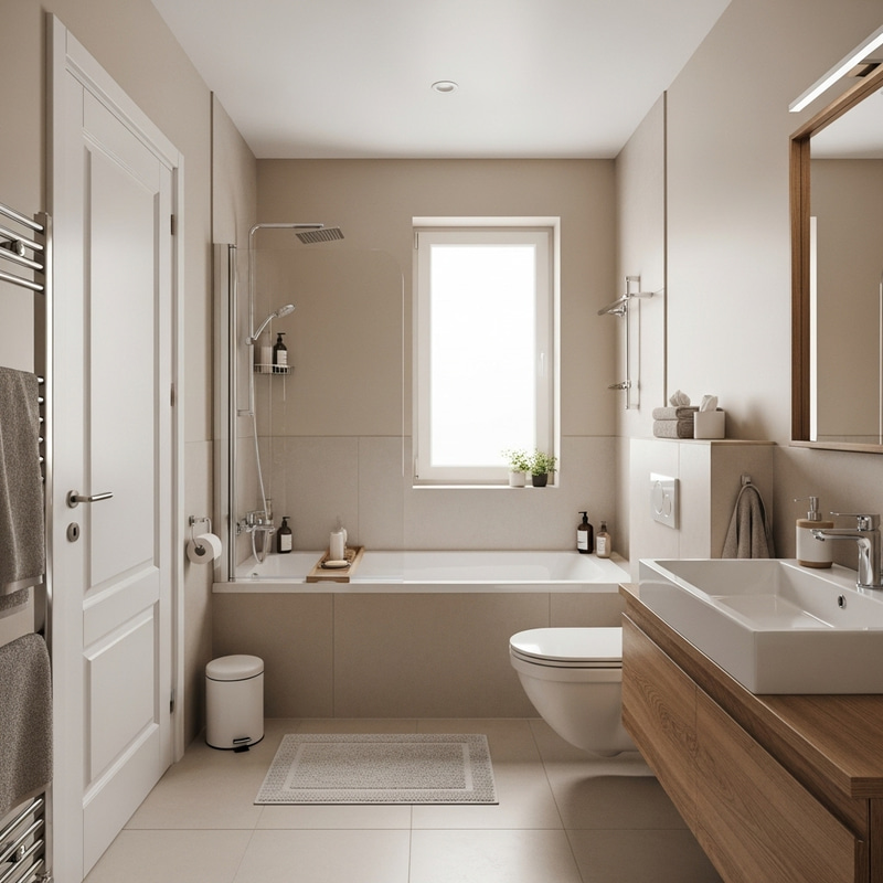 Serene and Inviting Bathroom Design: Bath, Toilet, Sink in Natural Tones Serene and Inviting Bathroom Design: Bath, Toilet, Sink in Natural Tones