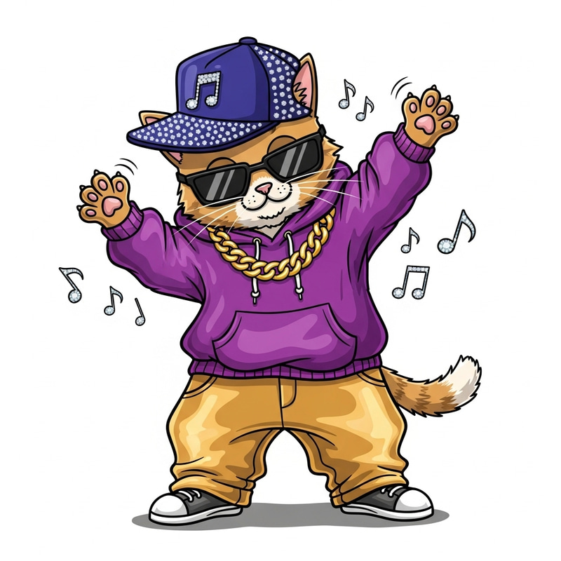 Hip Hop Cat in Gold Trousers & Purple Hoodie Hip Hop Cat in Gold Trousers & Purple Hoodie