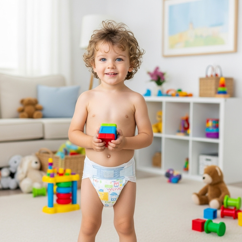 Cherubic 8-Year-Old Boy in Colorful Playroom | Adorable Diaper Smile