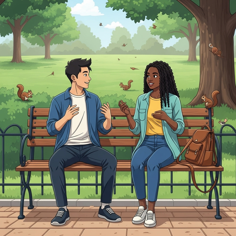 Heartwarming Scene: Asian Man and Black Woman Enjoy Friendship in City Park Heartwarming Scene: Asian Man and Black Woman Enjoy Friendship in City Park