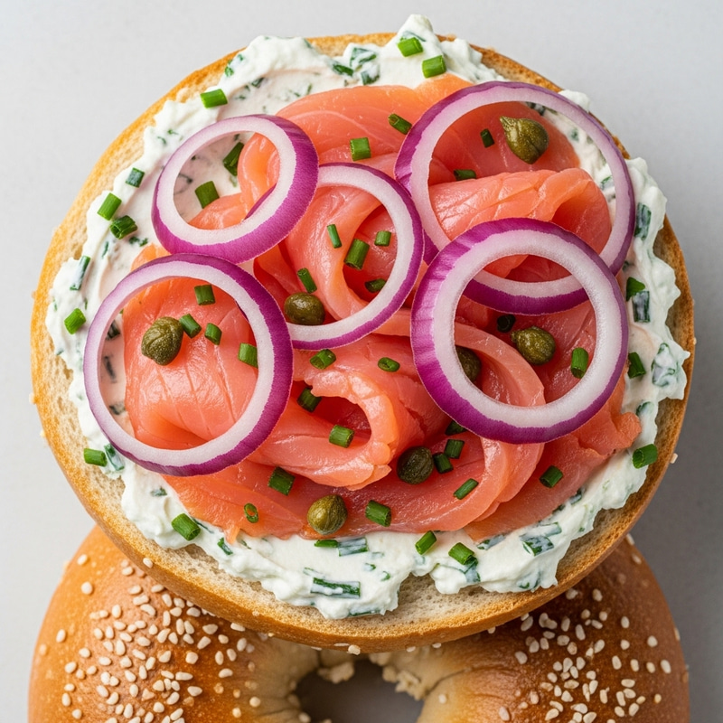 Delicious Salt Bagel with Lox, Chive Cream Cheese, Capers, and Onions Delicious Salt Bagel with Lox, Chive Cream Cheese, Capers, and Onions