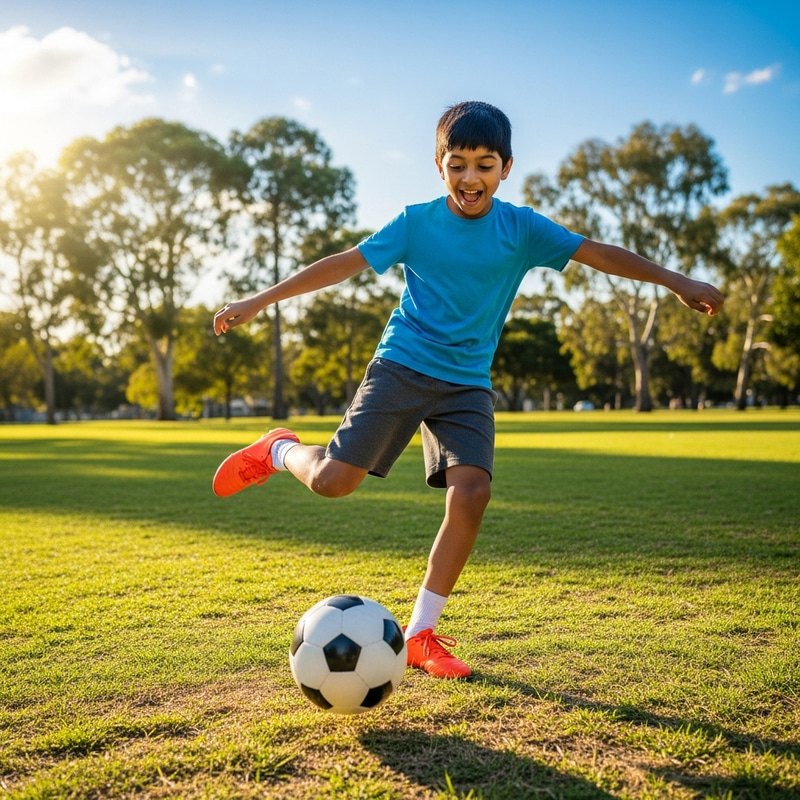 Young Boy Playing Soccer in the Park