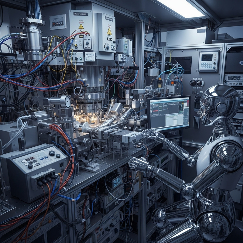 MBE Chamber with AI Robot - Futuristic Materials Science Innovation MBE Chamber with AI Robot - Futuristic Materials Science Innovation