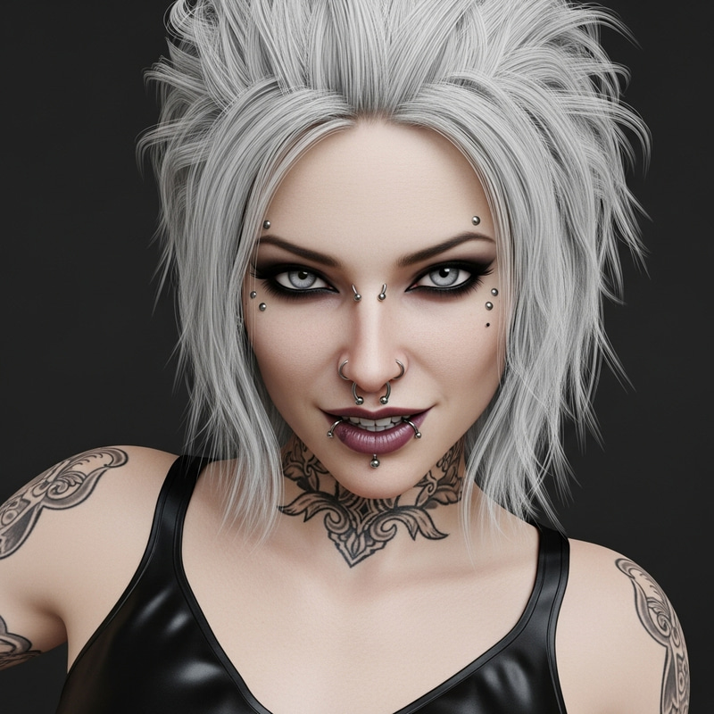 Athletic Goth Woman with White Punk Hair in Fantasy Digital Art