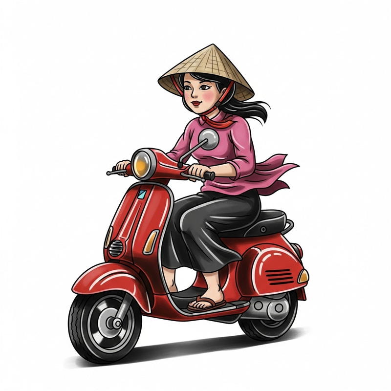 Traditional Tattoo of Vietnamese Girl on Scooter