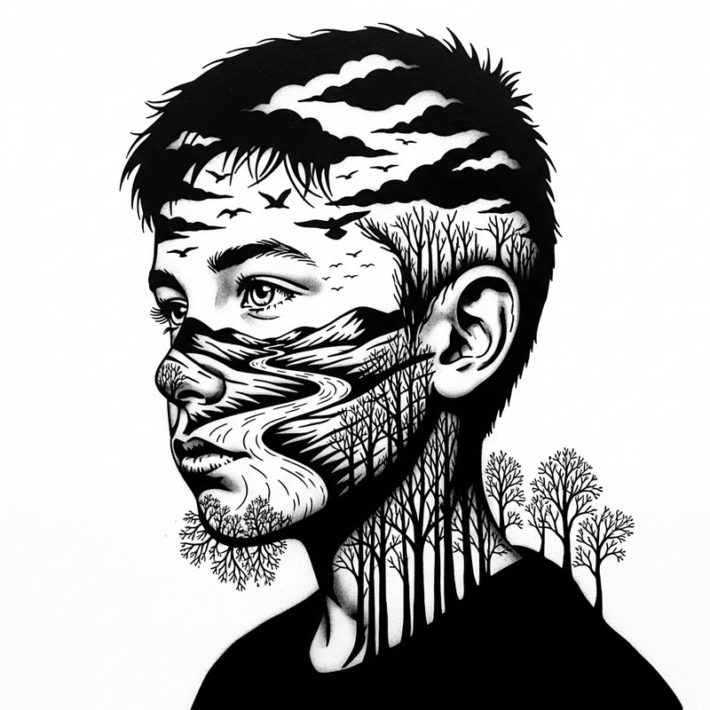 Boy's Face Nature Scene Stencil Art Boy's Face Nature Scene Stencil Art