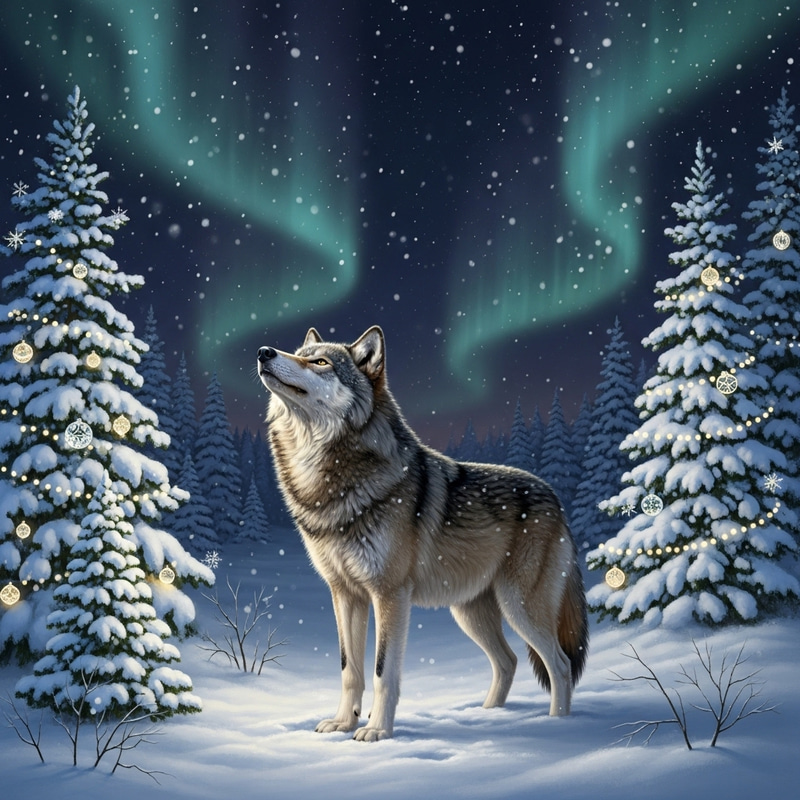 Christmas Wolf - Enchanting Winter Holiday Scene Christmas Wolf - Enchanting Winter Holiday Scene