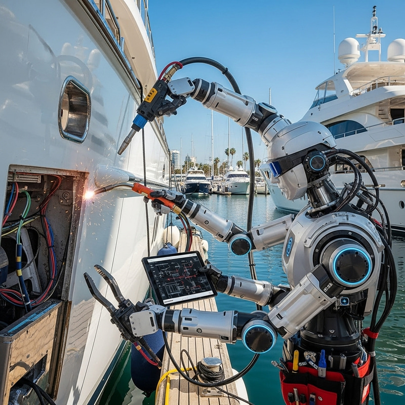 AI Robot Repairing Yacht in Marina AI Robot Repairing Yacht in Marina