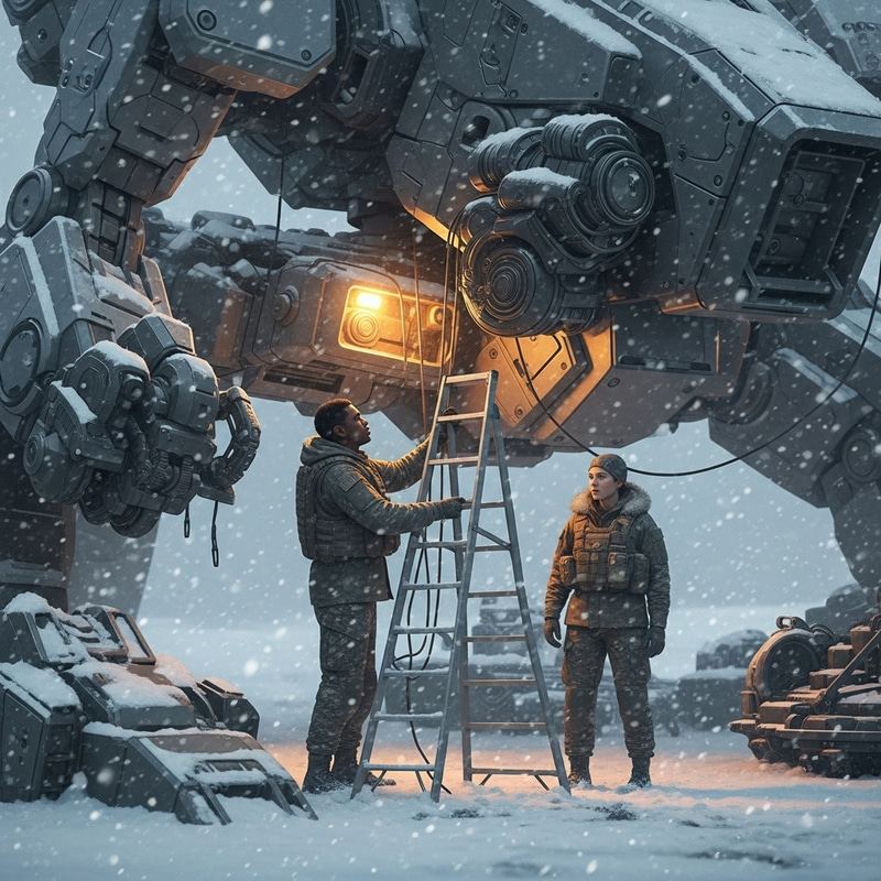 Winter Military Logistics: Repairing Mecha in Heavy Snowstorm