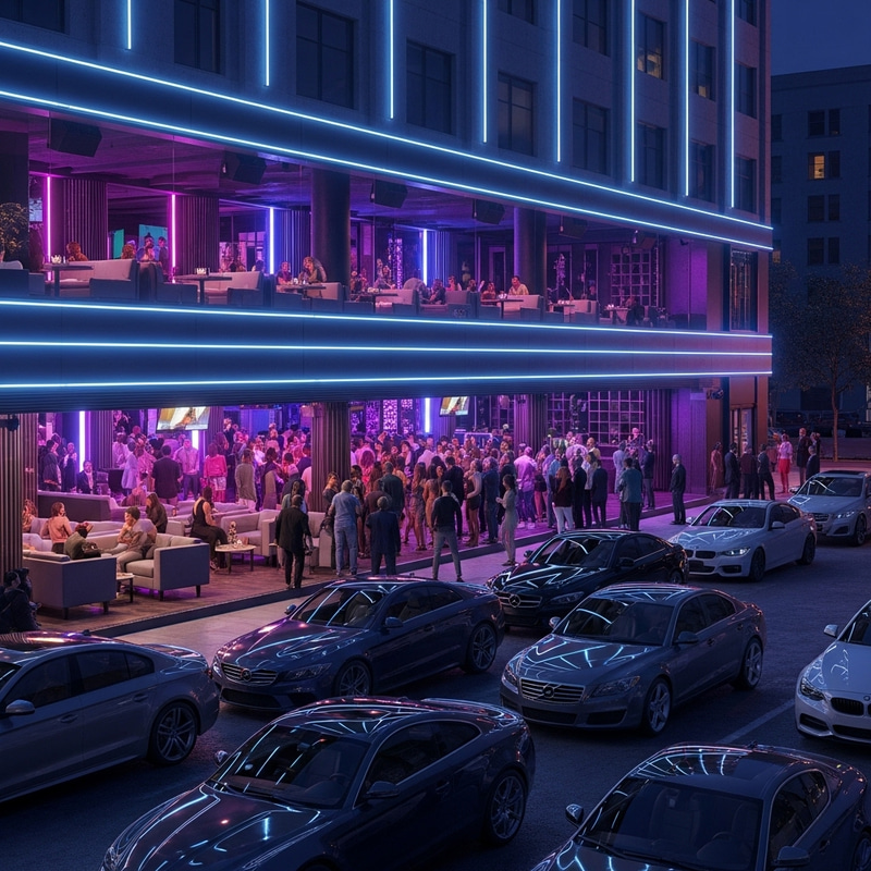 Luxury Night Club in Urban Setting | VIP Experience with Cars Outside Luxury Night Club in Urban Setting | VIP Experience with Cars Outside
