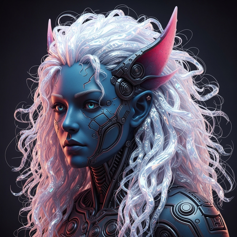 Organic Cyborg with Long Curly Hair | Intricate Fantasy Art