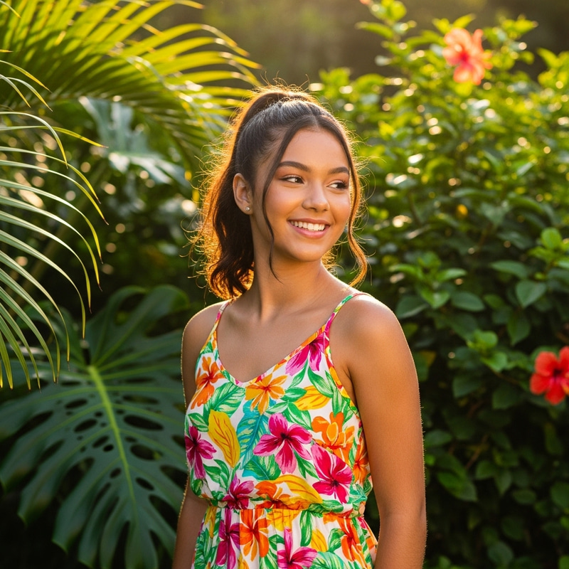 Smiling Teenage Girl in Colorful Sundress from Brazil Smiling Teenage Girl in Colorful Sundress from Brazil