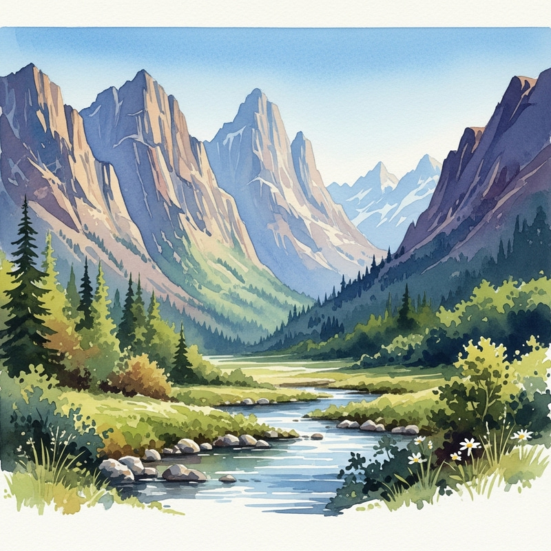 Serene Watercolor Mountains Landscape - Nature Art Serene Watercolor Mountains Landscape - Nature Art