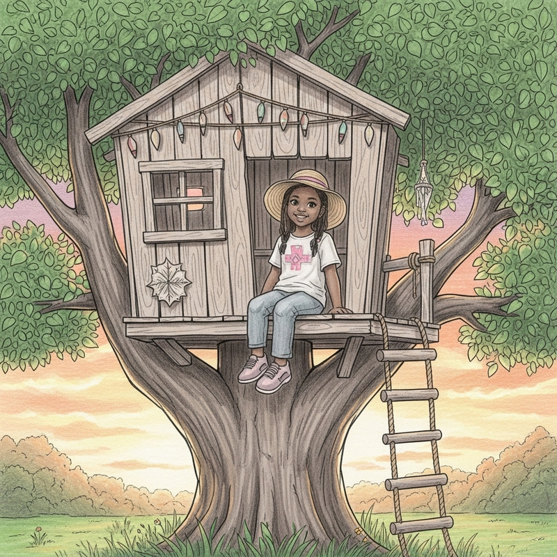 Enchanting Pencil Art of an African Girl in a Treehouse Enchanting Pencil Art of an African Girl in a Treehouse