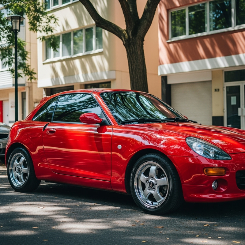 1$ Red Glossy Sportscar Under Tree-Lined Street