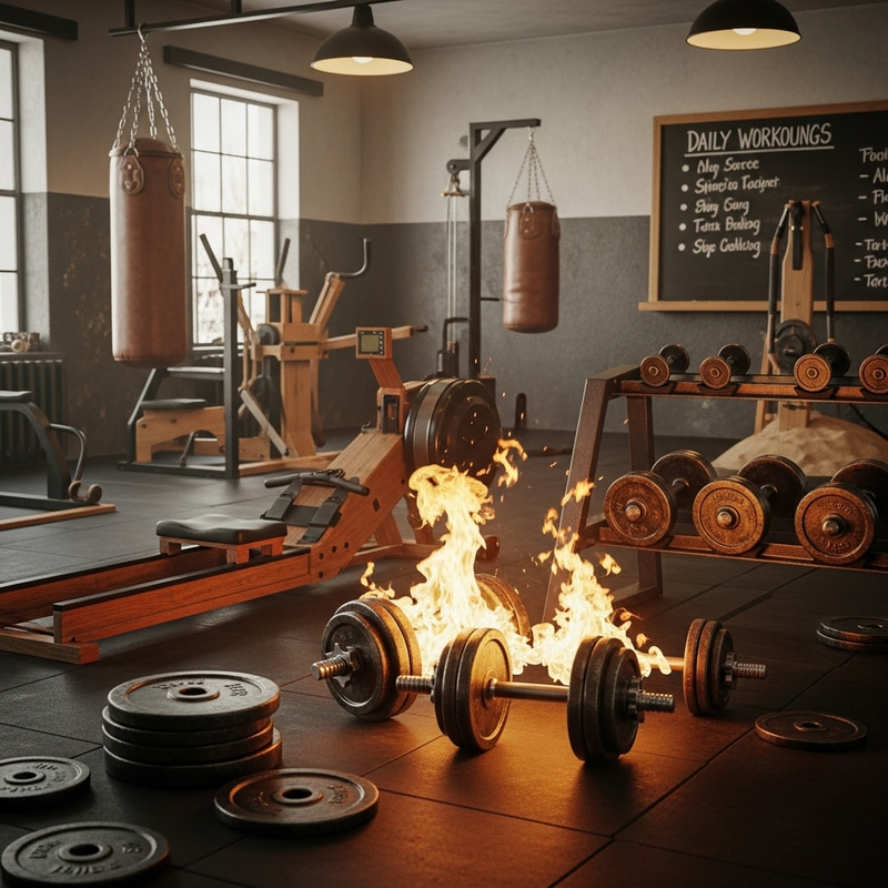 Retro Gym Fire Dumbbells: Fiery Fitness Atmosphere