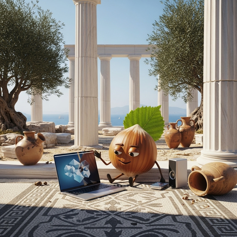 Hazelnut Anthropomorphized in Ancient Greek Computer Scene Hazelnut Anthropomorphized in Ancient Greek Computer Scene