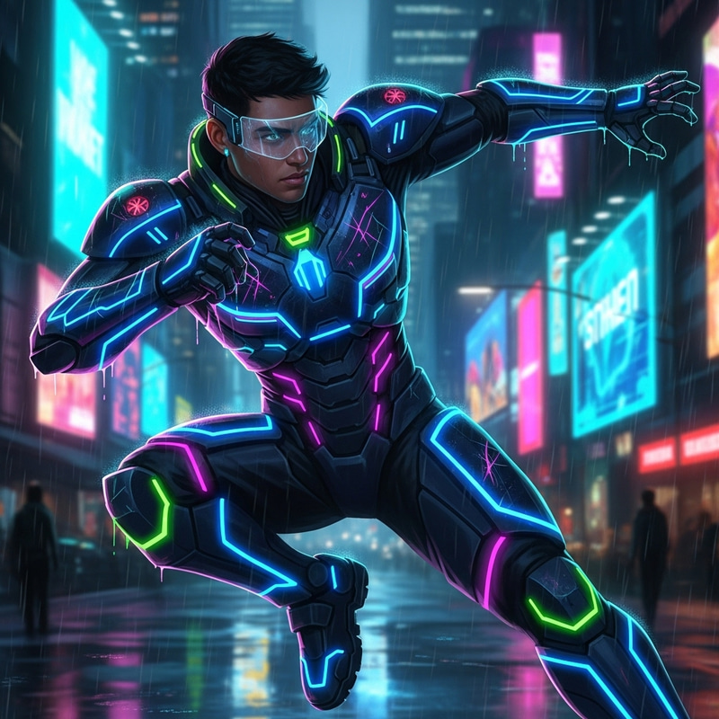 Hispanic Man in Dynamic Cyberpunk Armor | Neon Contrast Art