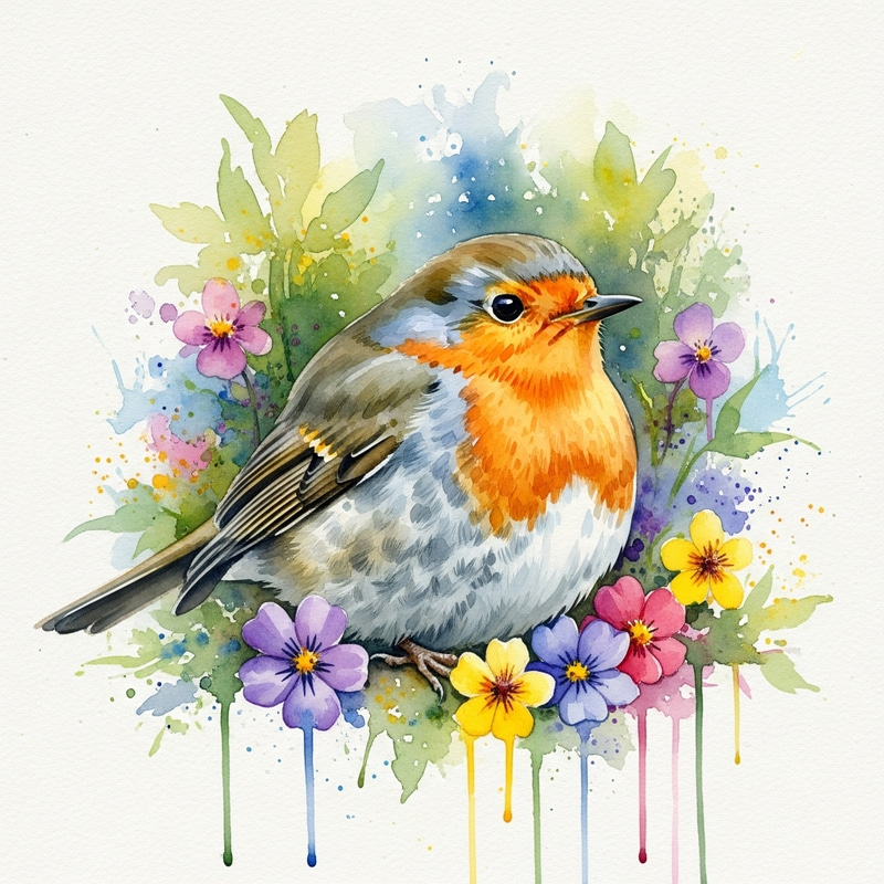 Vibrant Watercolour Robin Among Enchanting Flowers