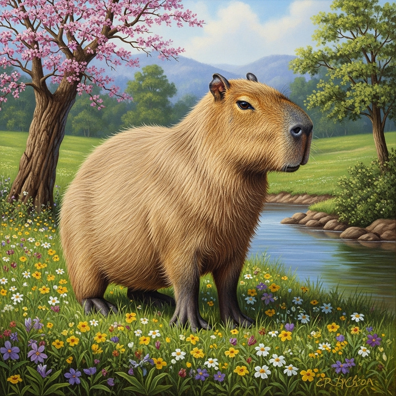Renaissance Capybara Portrait in Spring Meadow Renaissance Capybara Portrait in Spring Meadow