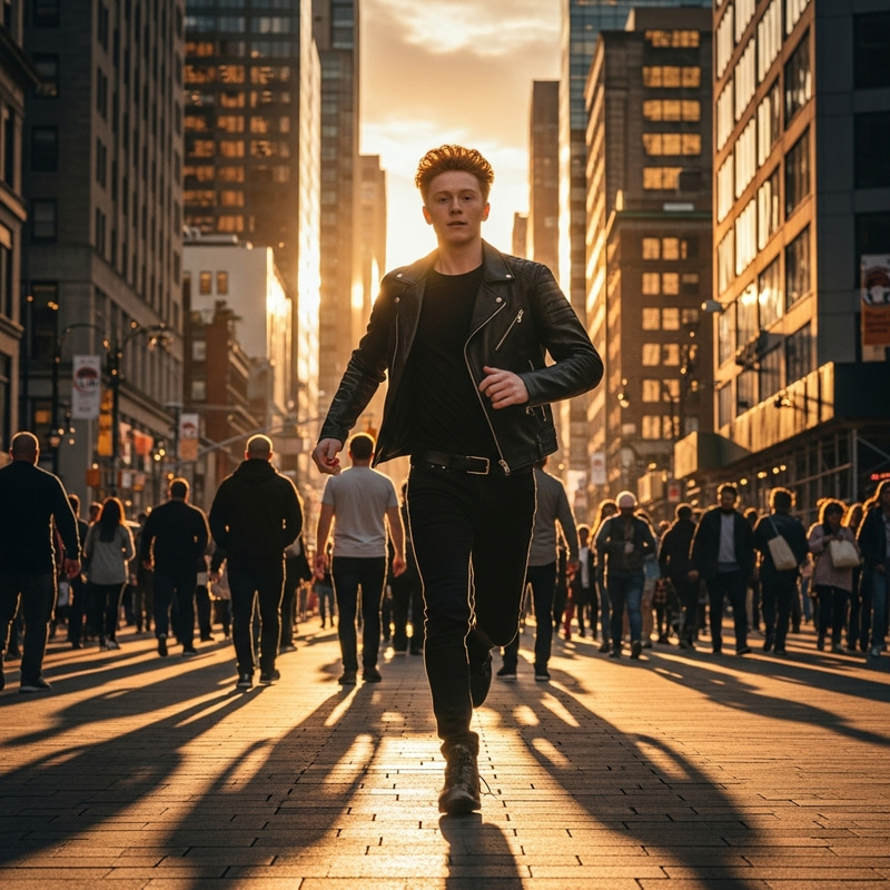 Vibrant Red Hair Teen in Black Jacket Running Through Urban Crowd Vibrant Red Hair Teen in Black Jacket Running Through Urban Crowd
