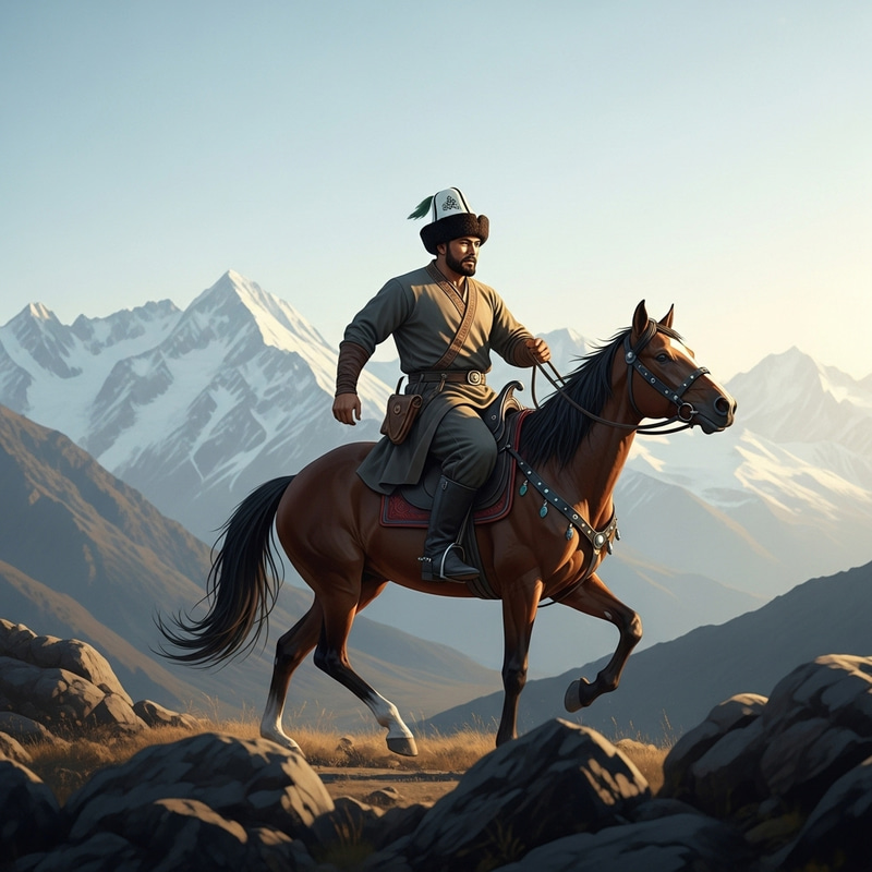 Kyrgyz Hero on Horseback in Majestic Mountains