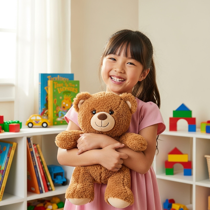Happy Asian Girl with New Plushie in a Child-Friendly Setting Happy Asian Girl with New Plushie in a Child-Friendly Setting