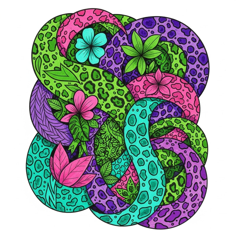 Vibrant Eco-Friendly Art: Animal Prints & Flora in Green, Pink, Purple