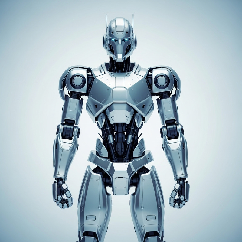 Advanced AI Robot in Front View - Light Blue Background Advanced AI Robot in Front View - Light Blue Background