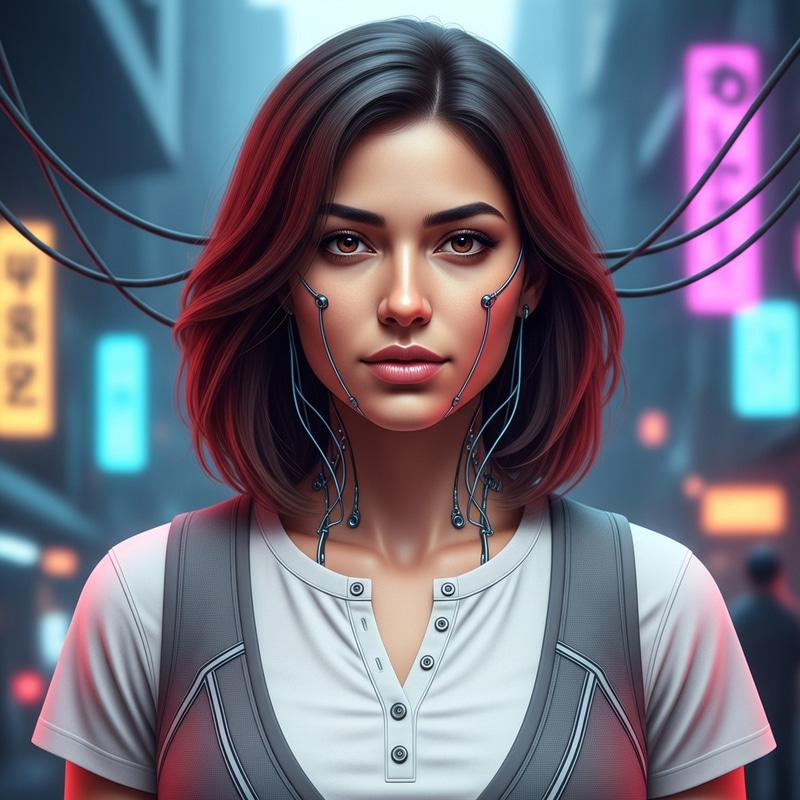 Futuristic 24-Year-Old Middle-Eastern Robotic Woman in Cyberpunk Setting Futuristic 24-Year-Old Middle-Eastern Robotic Woman in Cyberpunk Setting
