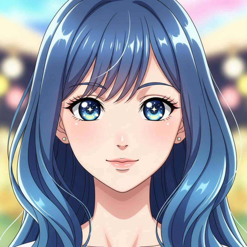 Blue Haired Anime Girl with Twinkling Starry Eyes Blue Haired Anime Girl with Twinkling Starry Eyes